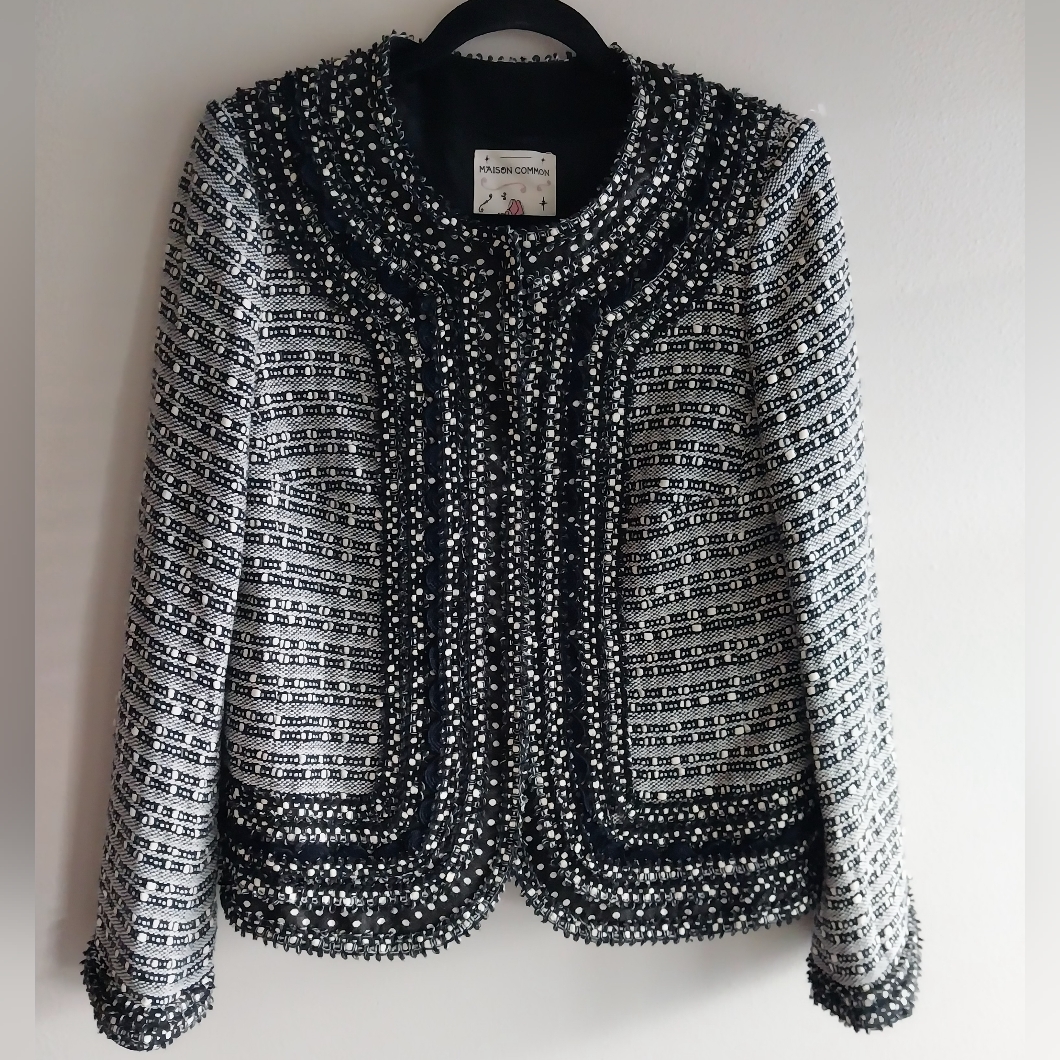 Maison Common Munich Black & White Woven Textured Blazer Jacket